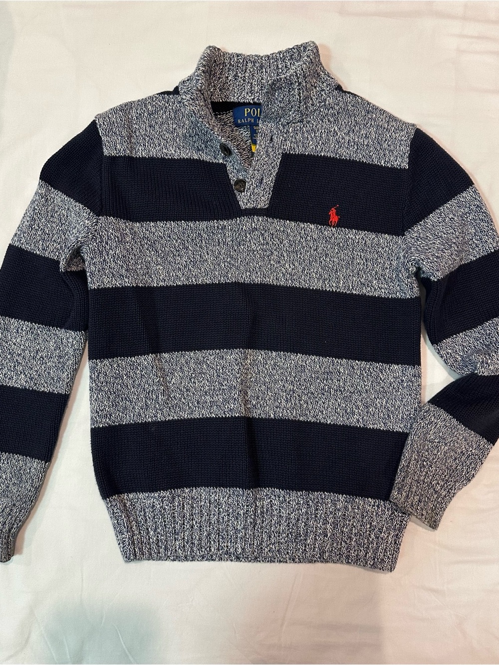 Polo by Ralph Lauren Navy & Heather Gray Striped Zip Mock Sweater size 8 kids